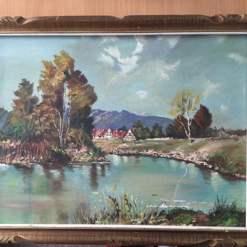 Original art landscape painting on board wooden frame signed home decor